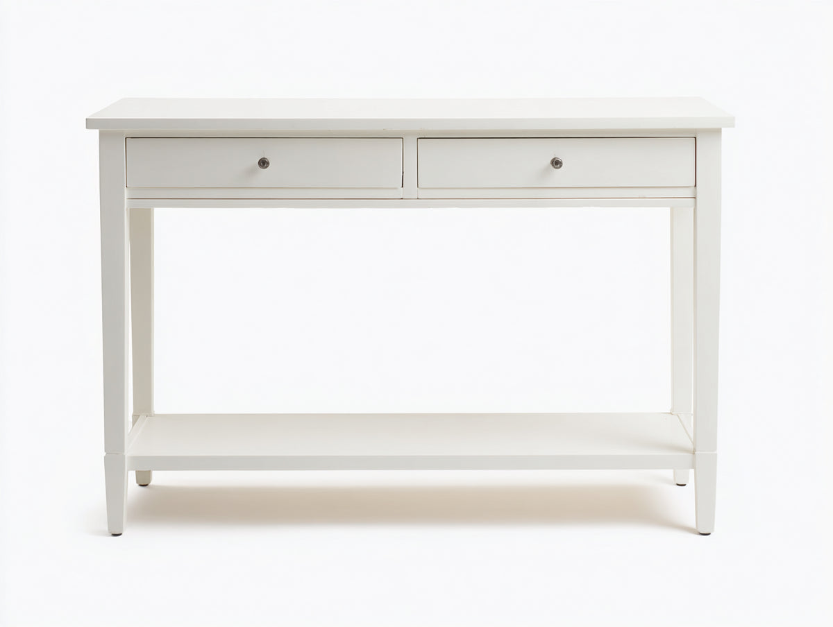 Console in legno verniciato 110×34×80 cm - bianco/argento - 2 cassetti con ripiano aperto per Camera Da Letto