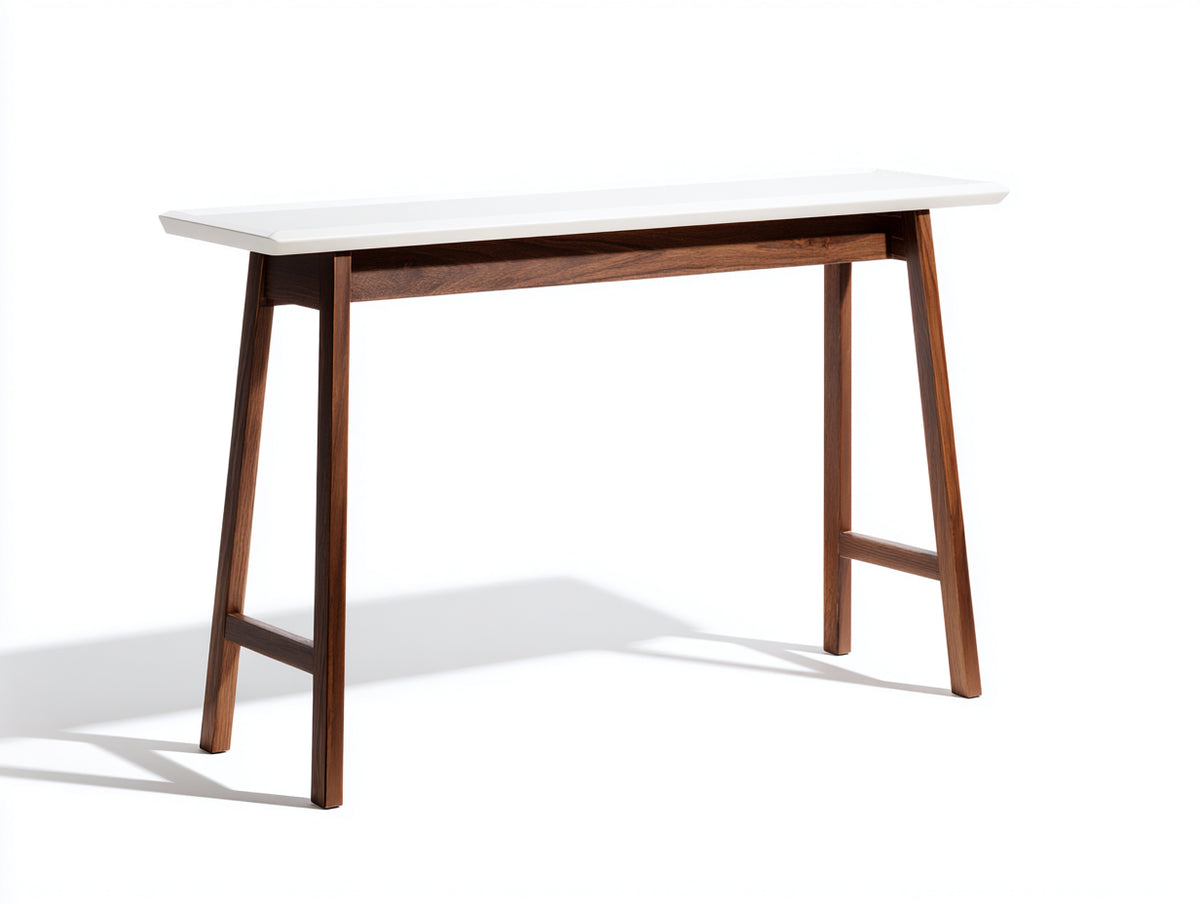 Console in legno con piano bianco e base noce scuro - bordi smussati e traverse laterali per camera da letto