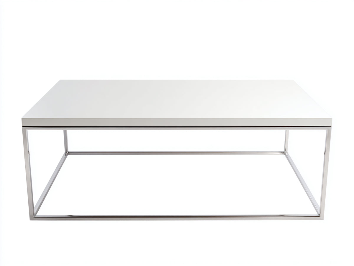 Tavolino Da Caffè in MDF 112×62×42 cm - bianco satinato e acciaio argento - base rettangolare per Soggiorno