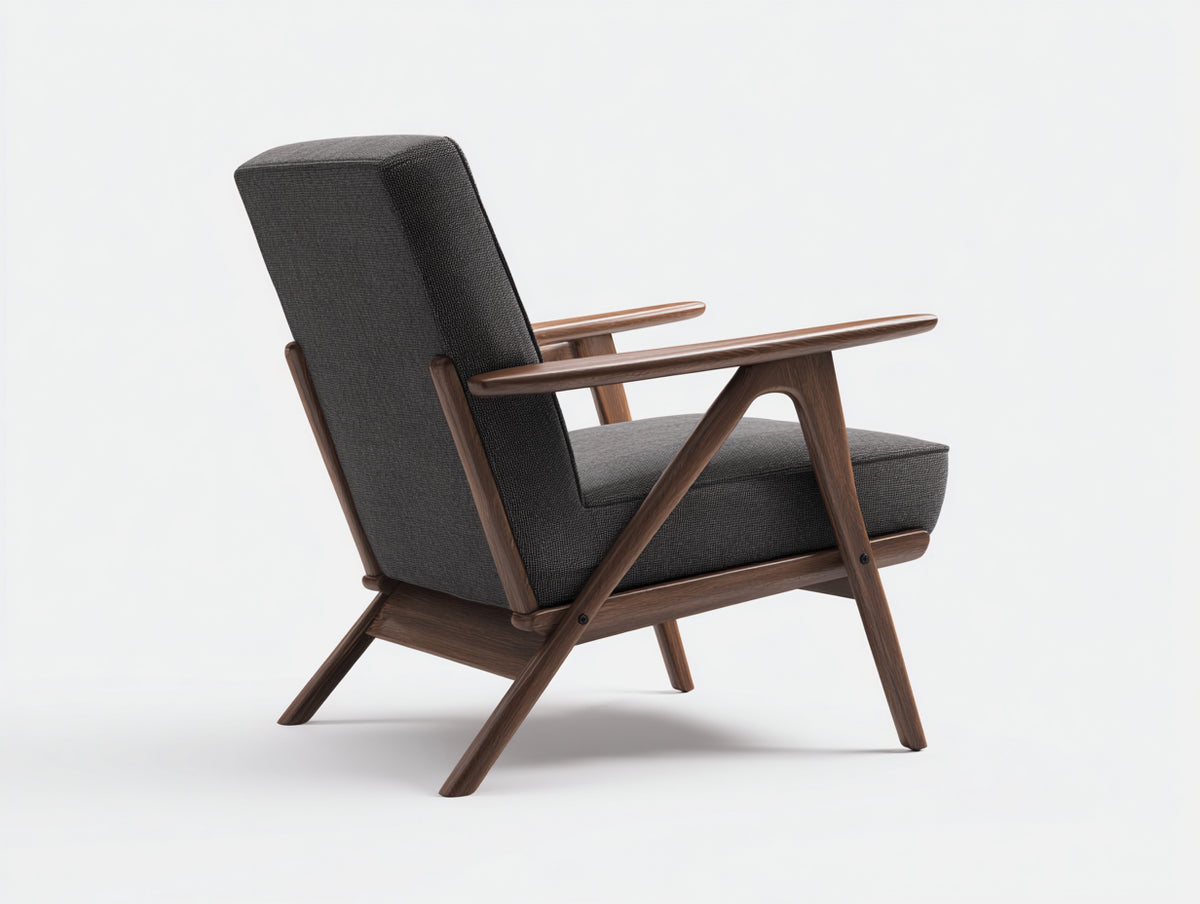 Poltrona lounge 73×83×90 cm - tessuto antracite e legno noce - braccioli aperti per soggiorno